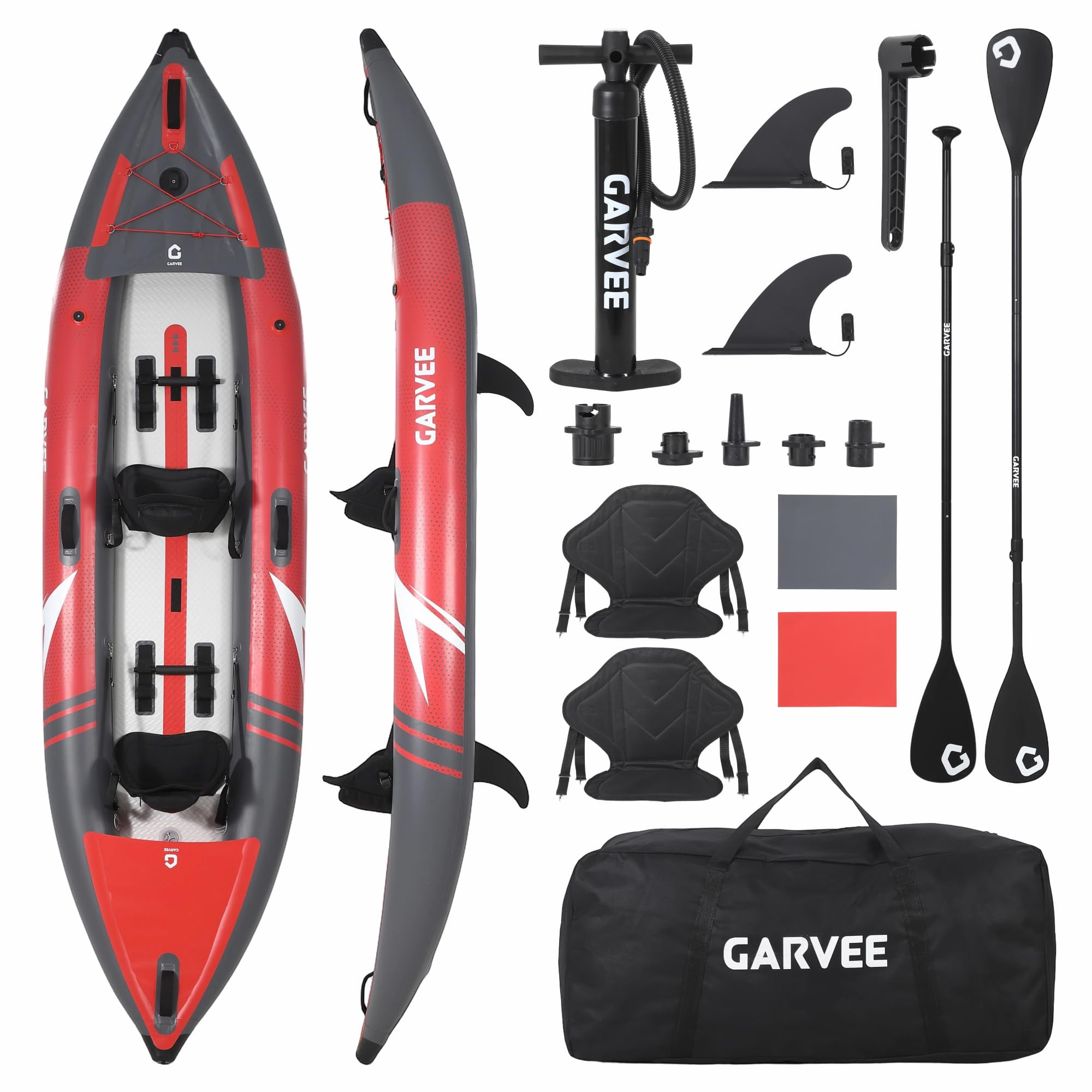 Person Inflatable Kayak, Fishing Kayak for Adults with Padded Seats, 3 Fins, Hand Pump, Carry Bag, Repair Kit, 12.5 ft, 450 lbs Capacity, Red