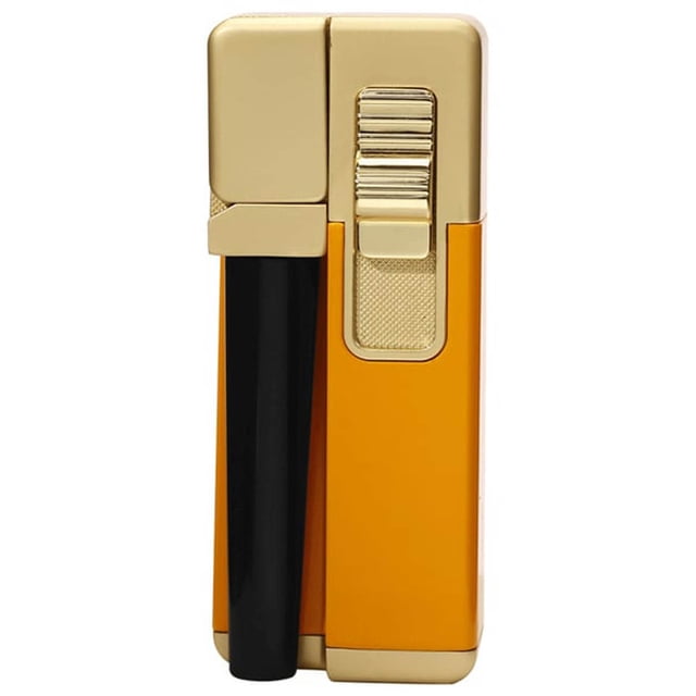 Briquet en 1 2 en 1 à Flamme Inclinée Coupe-Vent pour Tuyaux Cigares en Métal Rechargeable Ajustable. un Briquet compact à Double Flamme avec un Corps en Métal Doré et orange Doté d'Un Glissière pour le Pouce pour Commuter entre Flammes Inclinées et Droites. Conçu pour une Utilisation Extérieure Coupe-Vent, Comprend une Poignée Ergonomique, une Buse Allongée, une Fenêtre de Carburant Intégrée et un Cadran de Hauteur de Flamme Réglable. Convient pour Éclairer Tuyaux et Cigares, avec une construction durable pour les Voyages Ou l'Usage Quotidien.