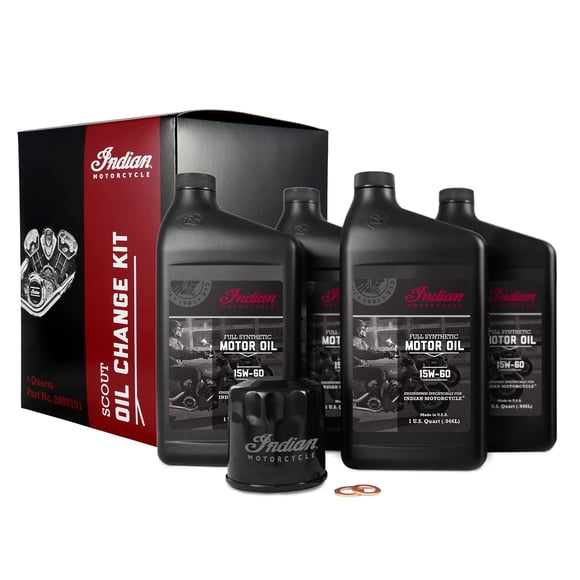 Indian Motorcycle Trousse de Changement d'Huile pour Scout, Convient aux Moteurs Scout, 2880191, 4 Pintes d'Huile de Moteur Entièrement Synthétique 15W60, 1 Filtre à Huile, 2 Rondelles