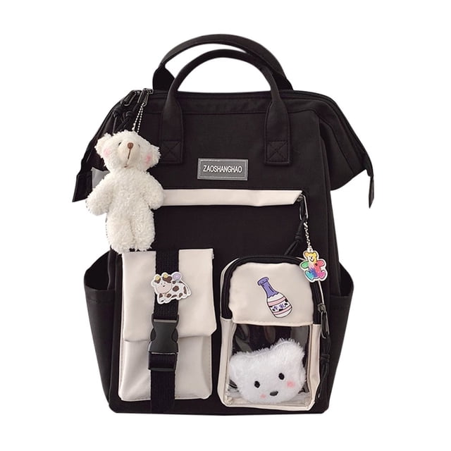 Women Fashion Contrast Color Backpack Travel School Large Cute Knapsack (Black)