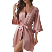 Timegard Satin Robes for Women 3/4 Sleeve Loose Soft Short Bathrobe Homewear Casual Solid Color Outfits