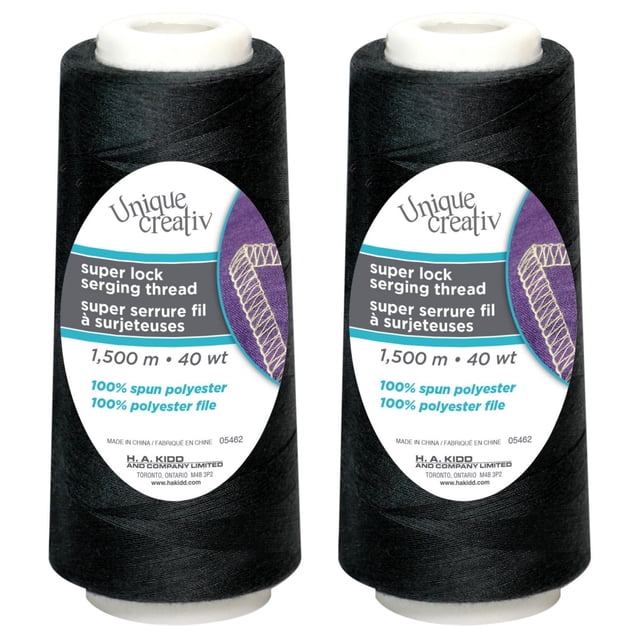 Unique Creativ super lock serging thread in black, 1500 m cone of 40 wt 100% spun polyester for overlock machines, shown as two spools with bilingual labels, ideal for sewing and serging projects requiring strong, low-lint thread.