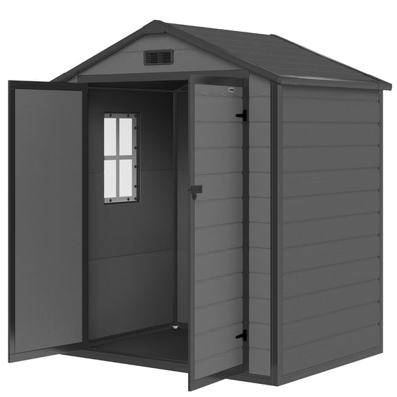 Remise de Jardin Extérieure 6 X 4,5 Pi, Cabanon d'Outils en Plastique et Aluminium Gris avec Portes Doubles Verrouillables, Fenêtre Ventilée et Toit en Pointe pour Tondeuses à Gazon, Vélos et Équipement de Cour