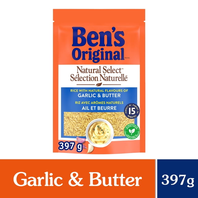 BEN'S ORIGINAL NATURAL SELECT Garlic & Butter Flavour Rice 397g pouch with orange and white packaging, featuring long grain parboiled rice infused with natural garlic and butter flavours, ready in 15 minutes, suitable for side dishes or chicken and rice meals.