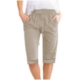 thumbnail image 4 of Summer Clearance 2025! Womens Plus Size Pants,Women Solid Color High Waisted Elastic Drawstring With Pocket Cotton And Linen Five Quarter Pants, 4 of 5