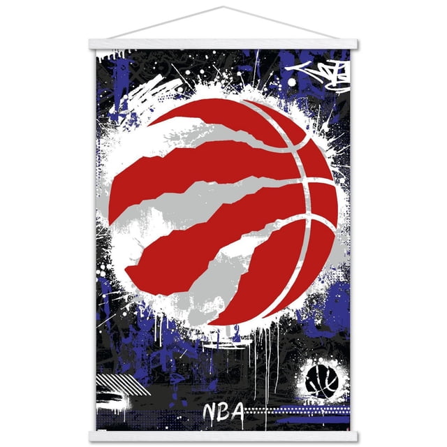 NBA Toronto Raptors - Maximalist Logo 23 Wall Poster, 22.375" x 34", featuring a large red basketball with silver claw marks on a black, white, and blue graffiti splatter background, printed on glossy paper with a white hanging frame, suitable for decorating NBA fan rooms or offices.