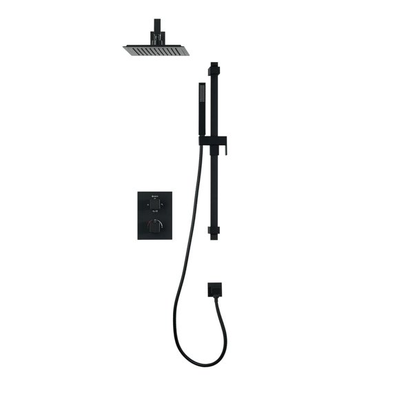 Valve thermostatique carrée 3 functions, Douchette à main, pomme de douche ou simultanément, fini noir mat