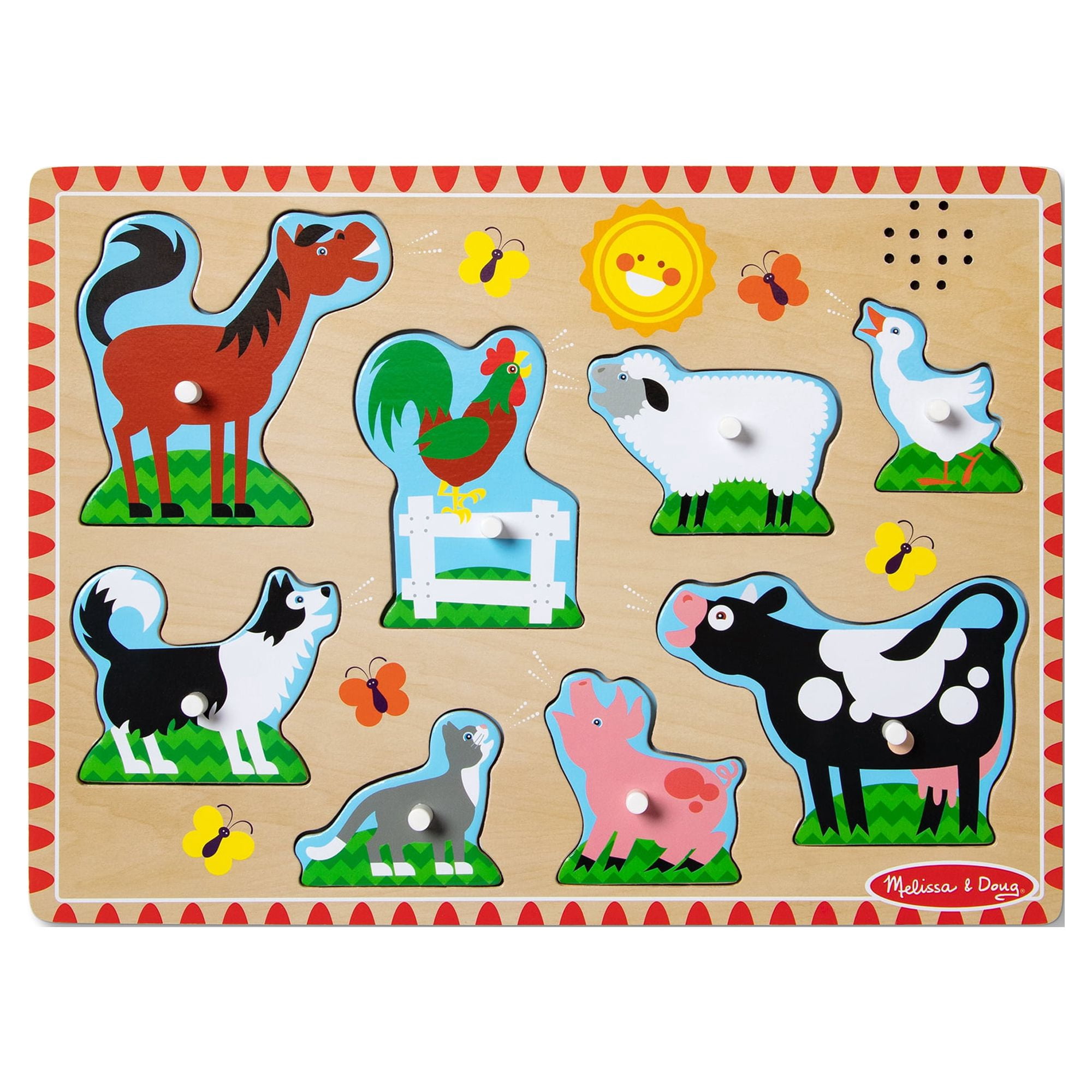 Melissa & Doug Farm Animals Sound Puzzle, 8-Piece Wooden Peg Puzzle with Light-Activated Sounds, Music Learning Toy for Toddlers and Preschoolers 2+