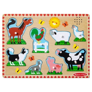 Melissa & Doug Puzzle sonore d'animaux de ferme, 8-Piece Puzzle en bois avec des sons activés par la lumière, Jouet d'apprentissage de la musique pour les tout-petits et les jeunes enfants 2+
