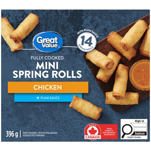 Great Value Fully Cooked Mini Chicken Spring Rolls with Plum Sauce, 396 g, 14 spring rolls