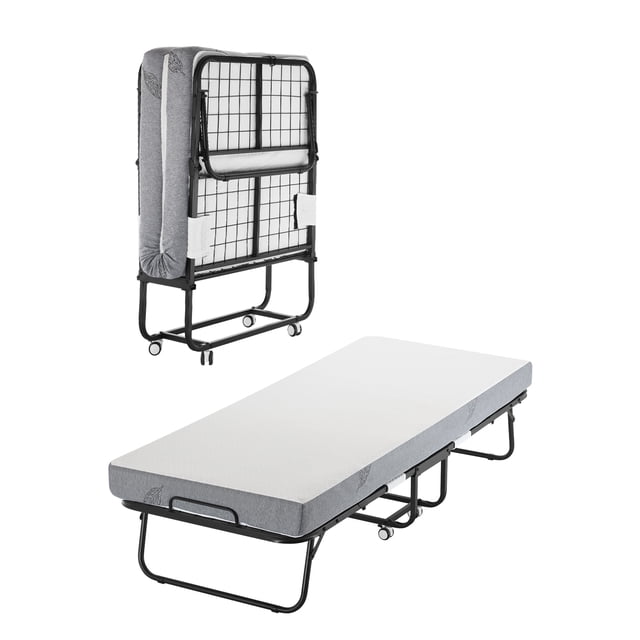 VEVOR Lit Escamotable Lit Pliant avec Matelas en Mousse de 5 Pouces pour Adultes et Invités. l'Image Montre le Lit en Deux configurations : Entièrement Étendu avec un Matelas en Mousse Blanc et Plié Vertical pour un Rangement compact. le Lit Présente un Cadre Métallique Noir Robuste avec Quatre Roulettes pour une Mobilité Facile, et le Matelas Est Recouvert d'Un Tissu polyester Gris Doux. Idéal pour les Chambres d'Amis, les Hôtels Ou les Dispositions de Couchage Temporaires, Il Supporte jusqu'à 300 Lb et Se Replie en Format compact pour un Rangement Pratique.