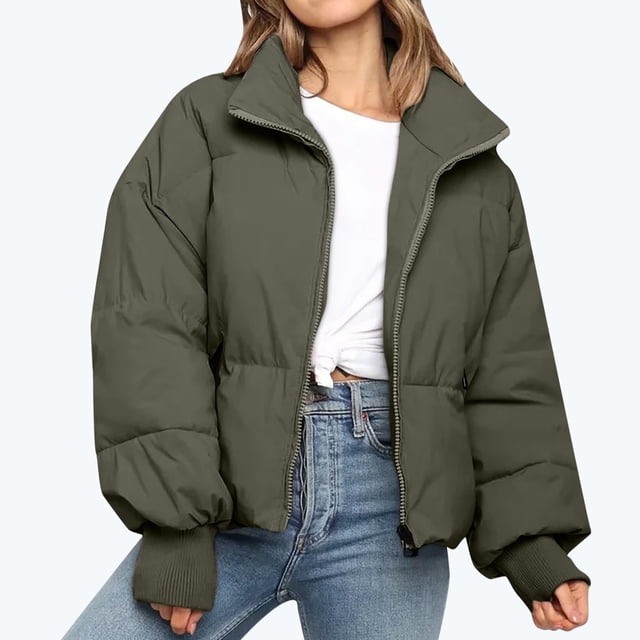 IROINID Manteau d'Hiver Chaud pour Femmes, Col Montant, Fermeture Éclair, Manches Longues, Vert Armée