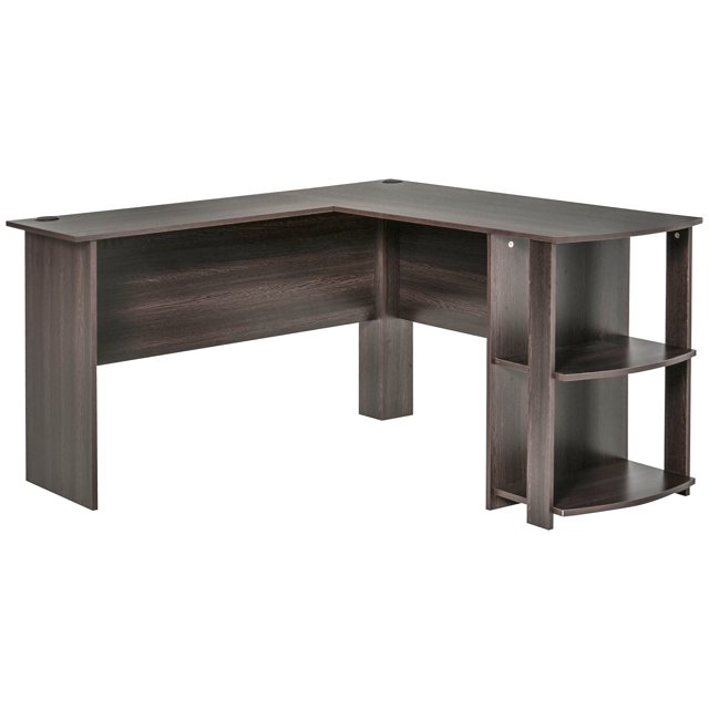HOMCOM Bureau en Forme de L, Bureau d'Angle pour Ordinateur, Table PC avec 2 Étagères de Rangement, Poste de Travail pour Bureau à Domicile, Marron