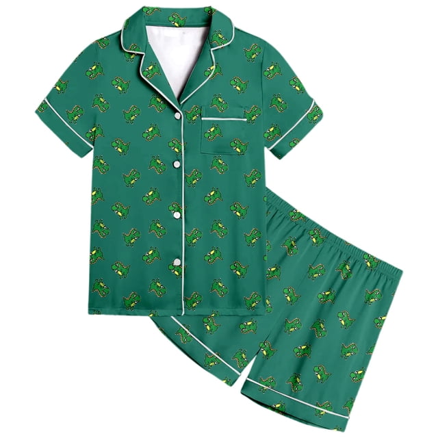 Kids Pajamas Cute Dinosaur Pattern Printed Short Sleeve Button Down Shorts Set Baby Girl Clothes Green 8-9 Years