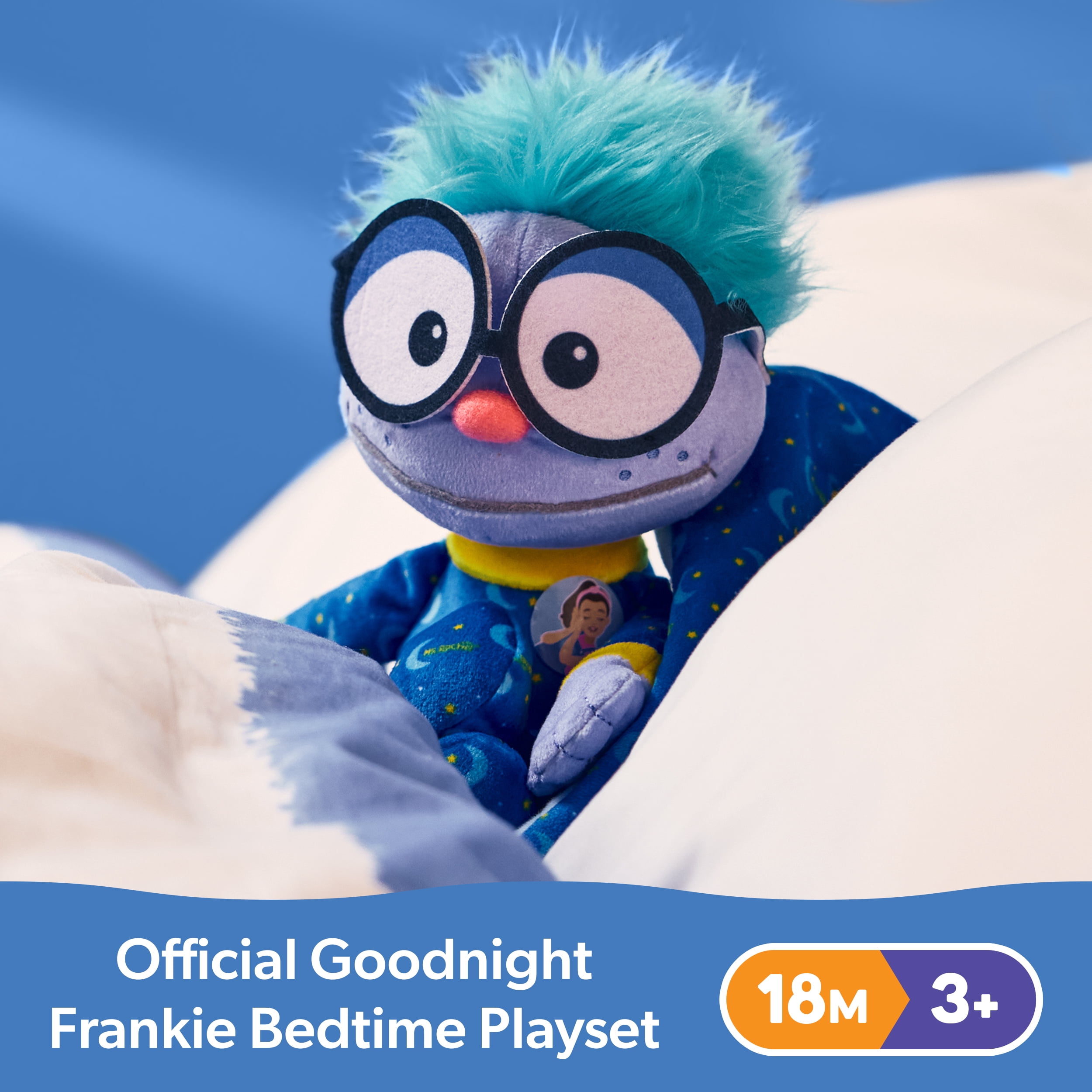 Ms. Rachel, Bonne nuit Frankie, Coffret pour le coucher, peluche de 27,9 cm avec sac de couchage et accessoires, jouets pour tout-petits, pour filles et garçons de 18 mois à 3 ans et plus