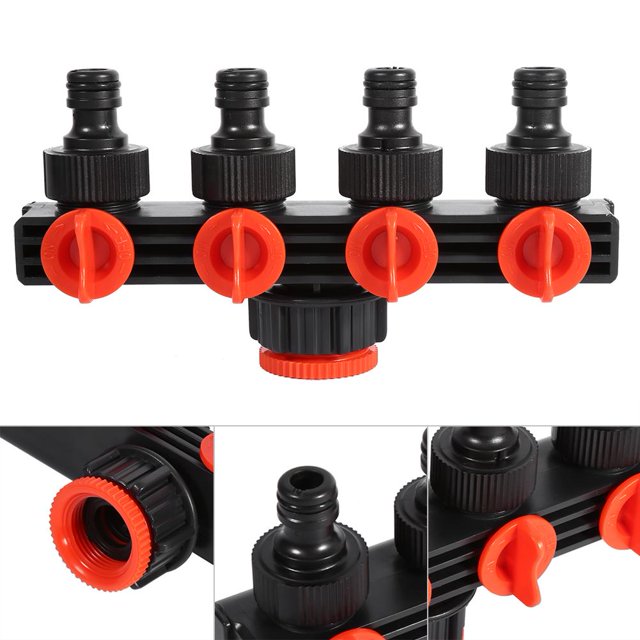 Drip Irrigation 4 Way Tap Connectors For Garden, Sturdy ABS Plastic Water Connector, Quick Shut Off Valve, Suitable For Various Irrigation Scenarios
