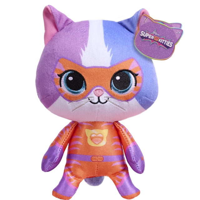 Disney Jr. SuperKitties Small Plush Buddy, an 8-inch tall plush toy with tri-colored purple, white, and blue soft fabric, wearing an orange and purple Su-Purr Wild superhero suit with a heart emblem, embroidered sparkly blue eyes, and a SuperKitties tag on the ear, suitable for imaginative play and cuddling.