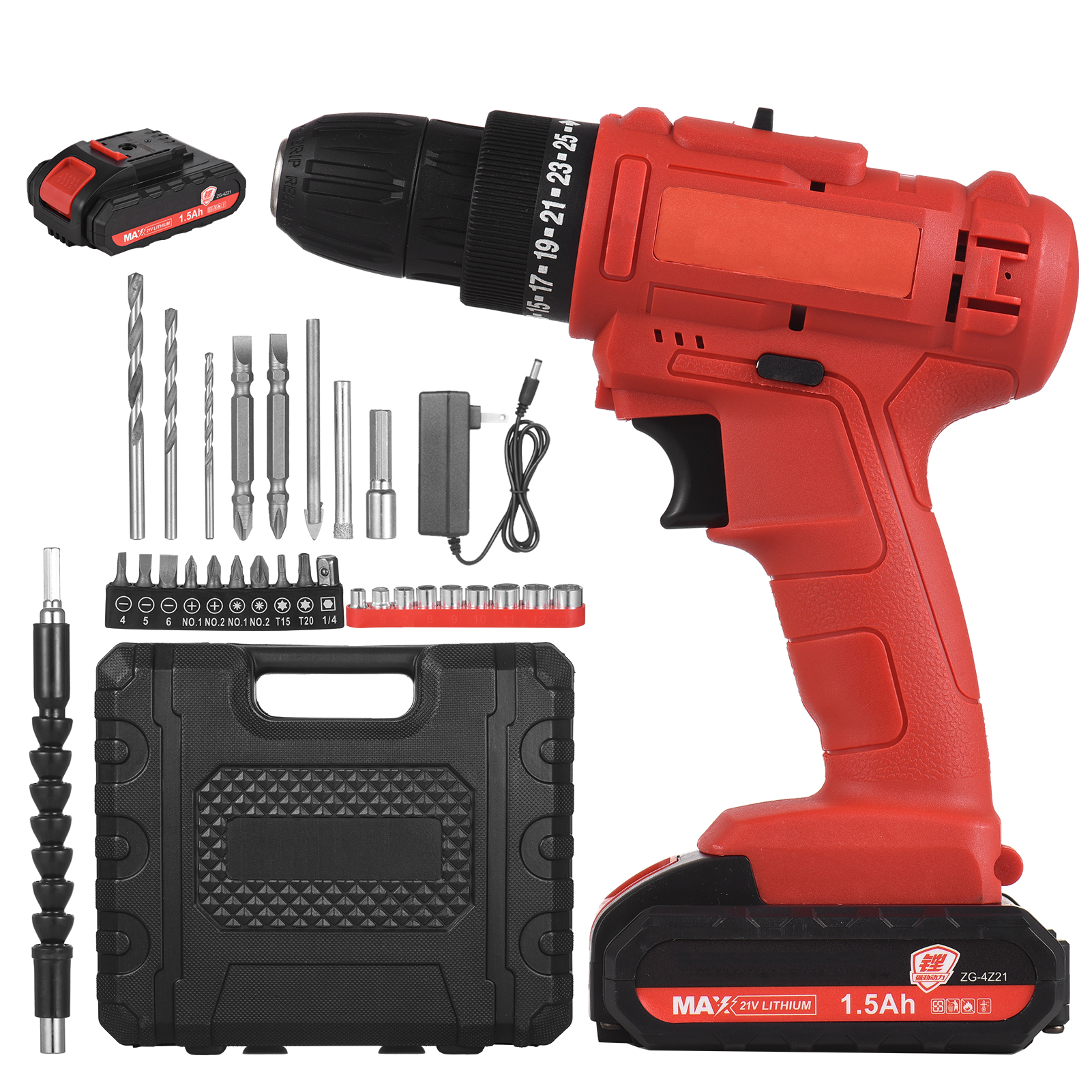 Mistaha 21V Red Cordless Handheld Electric Drill with 3/8" Chuck, 25+1 Torque Settings, 30N.m Max Torque, 110-240V, Dual Speed, Lithium Battery, US Plug, LED Light, Accessories Included - Ideal for