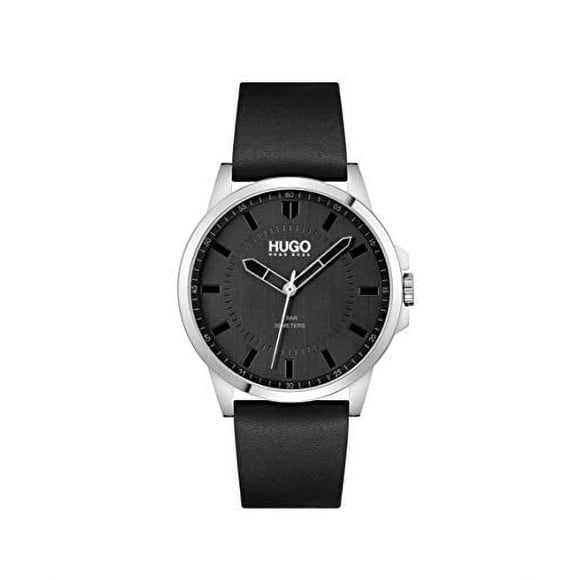 HUGO #First Men's Quartz Stainless Steel and Leather Strap Casual Watch, Color: Black (Model: 1530188), Black, Quartz Watch