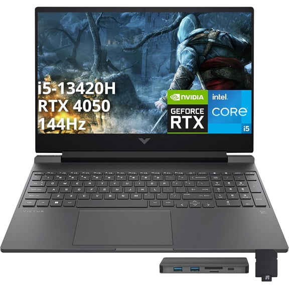 HP Victus 15.6" 144Hz FHD Gaming Laptop, Intel i5-13420H, 64GB RAM, 2TB PCIe SSD, NVIDIA GeForce RTX 4050, Backlit Keyboard, WiFi 6, Windows 11 Pro, Mica Silver, 256GB Docking Station Set
