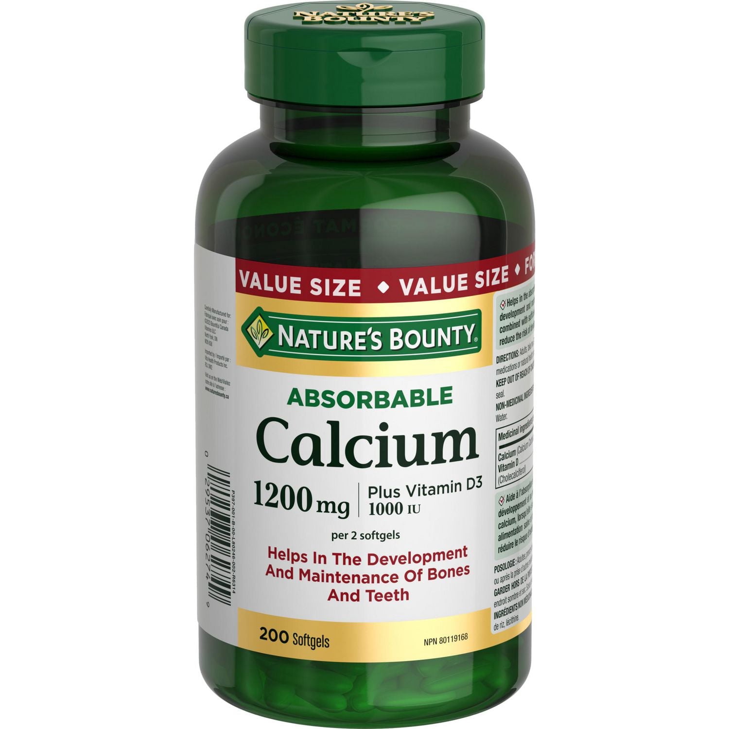 NATURE'S BOUNTY Calcium Plus Vitamine D3, Absorbable, 1200 mg, Aide les Os & les Dents, Gélules molles