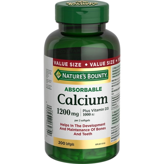 NATURE'S BOUNTY Calcium Plus Vitamin D3 1200 mg absorbable softgels bottle in green plastic with green cap, value size with 200 softgels, supports bone and teeth development, aids calcium and phosphorus absorption, may reduce osteoporosis risk