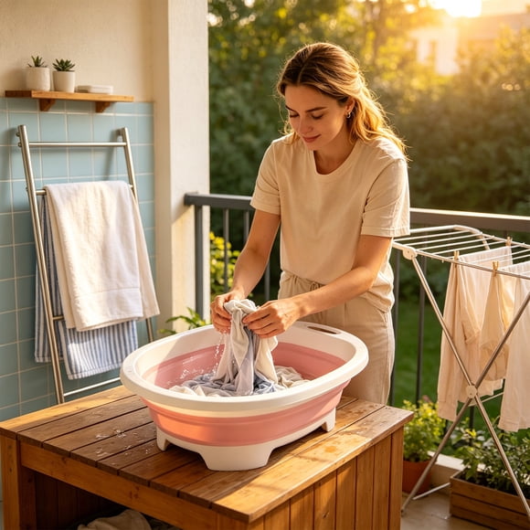 Vacemry Folding Laundry Tub, Collapsible Round Wash Basin, Medium Thickened Plastic Laundry Basket for Home Travel Camping Dorm Room