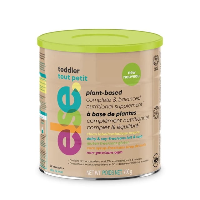 Else Nutrition Toddler Complete & Balanced Nutritional Supplement powder 700 g container with beige label and green lid, plant-based formula for toddlers 12 months and older, Clean Label Project certified, gluten-free, dairy-free, soy-free, non-GMO, and corn syrup-free, bilingual English and French text.