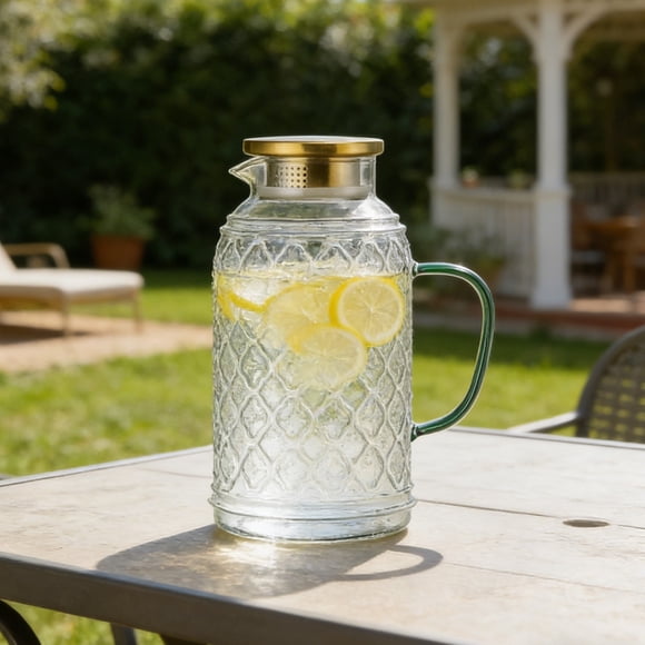 Large Capacity Glass Pitcher, 2000ml High Borosilicate Glass Water Jug with Lid, Filter & Handle, Refrigerator Safe, Clear