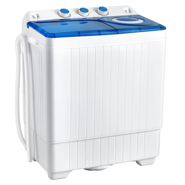 Costway Laveuse Portative Semi-Automatique à Double Cuve de 26 Lb avec Conception Compacte Comprenant un Corps Blanc et des Couvercles Transparents Bleus. Cette Laveuse Portative Offre une Capacité de Lavage de 18 Lb et une Capacité d'Essorage de 8 Lb, Idéale pour les Petits Espaces comme les Appartements, les VR et les Sorties de camping. la Conception Semi-Automatique à Double Cuve Permet le Lavage et l'Essorage Simultanés, avec des Minuteries Séparées pour les cycles de Lavage et d'Essorage. Comprend une Pompe de Vid