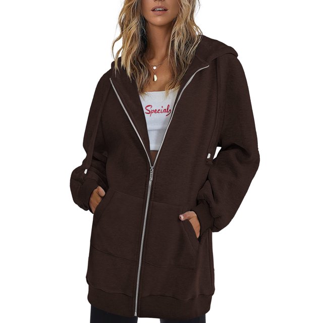 Innerwin Chandails en Molleton à Capuche Zippés pour Femmes Sweat à Capuche Automne Couleur Unie Chaud Marron Foncé L