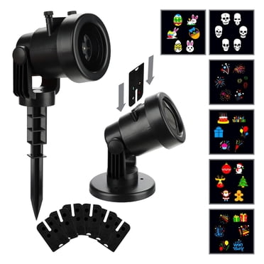 IND/OUT PATTERN PROJECTOR, 6 REPLACEMENT CARDS (6 LED, 6 PATTERNS), STAKE & STAND. BRIGHTER DISPLAY