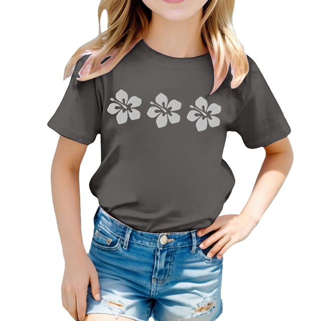 WEIYLL T-Shirts pour Filles à Imprimé Floral, Col Rond, Manches Courtes, Décontractés, Doux, Coupe Ajustée, Hauts de Sortie pour 5-6 Ans