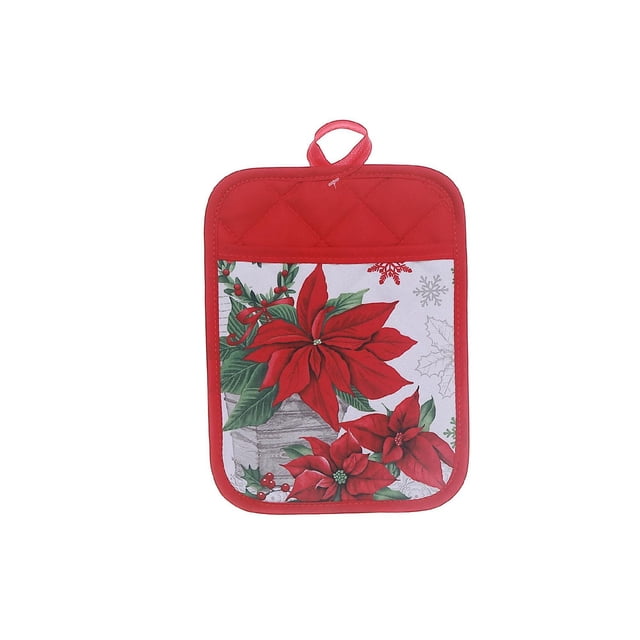 Pot Holder With Pocket Poinsettia - Set of 6 featuring a red polyester kitchen pot holder with a quilted top and front pocket decorated with red poinsettia flowers and green leaves on a white background, suitable for oven mitts and kitchen linens during holiday cooking.