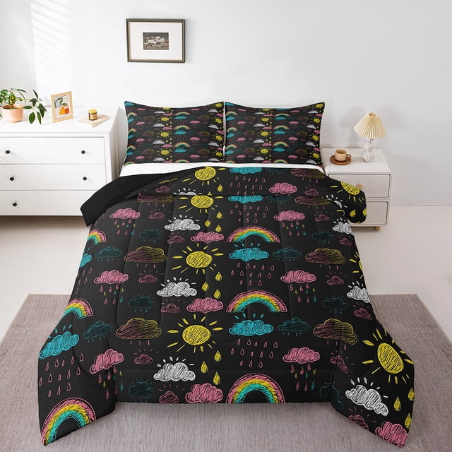 Erosebridal Kids Rainbow Sun Cloud Bedding Todder Comforter Set, Cute Hand Drawn Down Comforter, Reversible 2 Pieces