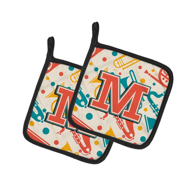 Carolines Treasures CJ2001-MPTHD Lettre m Rétro Bleu Sarcelle Orange Instruments de Musique Initiale Paire de Supports de Pot, 7.5 x 3 x 7.5 Po.
