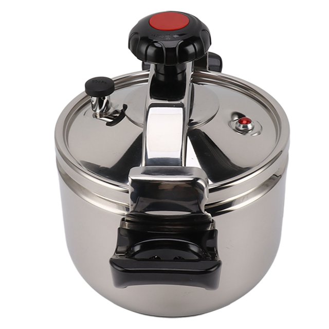 Household Stainless Steel Pressure Cooker Canner with explosion-proof double bottom design, ideal for gas stoves, induction stoves, and other heat sources. Features a shiny stainless steel finish, ergonomic black handle, pressure valve, and safety vent for efficient and fast cooking. Suitable for use as a kitchen appliance for canning and high-pressure cooking.