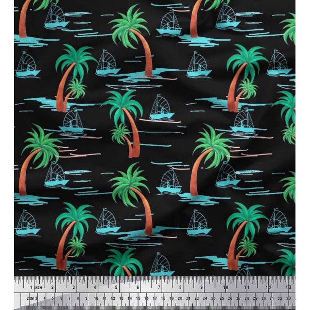 Soimoi Moss Georgette Fabric Palm Tree & Sailboat Beach Print Sewing Fabric Yard 42 Inch Wide