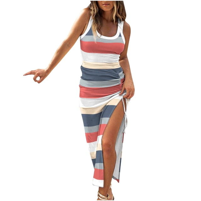 QIPOPIQ Women's High Split Sleeveless Square Neck Gradient Bodycon Long Tank Dress Thigh Drawstring Split Midi Dress
