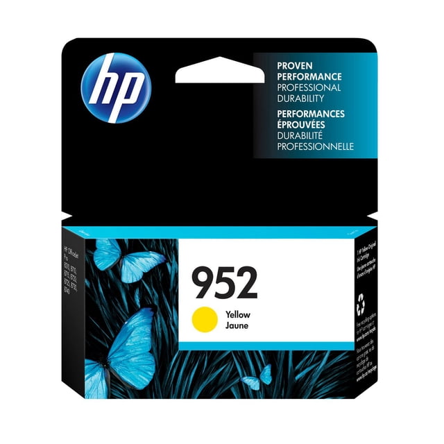 HP 952 Yellow Original Ink Cartridge packaging showing a black box with blue butterflies and grass design, the HP logo, number 952, and a yellow dot indicating ink color. Compatible with HP OfficeJet Pro printers, it delivers professional durability and up to 700 pages per cartridge.
