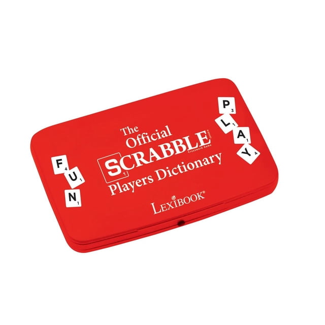Scrabble electronic dictionary pocket version by Lexibook, featuring a red compact design with the Official SCRABBLE Players Dictionary logo on the cover. Includes a built-in jog dial for navigation, large keys, and a big display for easy use. Offers access to over 100,000 playable words, definitions, and inflected forms. Includes features like BUILD, PATTERN, and SCORE functions for enhanced gameplay, along with four word games: Scrabble Genius, Hangman, Word Jumble, and Mystery Word Puzzle.