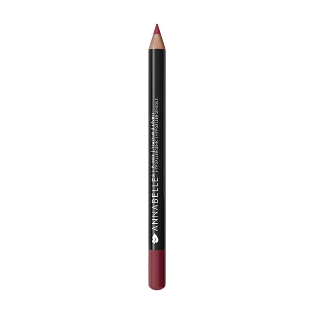 Annabelle Lip Liner, 220 Soft Burgundy, shown in a centered vertical view with a sharpened tip. The black pencil body features white branding and hypoallergenic text, with a soft burgundy base matching the liner color. Suitable for precise lip definition and long-lasting wear, it is often used to fill lips fully for a bold look.
