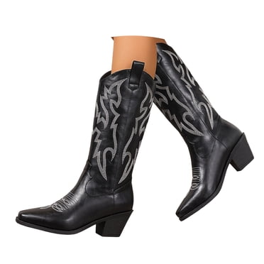 Mepaouo Western Cowboy Boots for Women Wide Calf Cowgirl Knee High Boot Embroidered Pull on Ladies Shoes