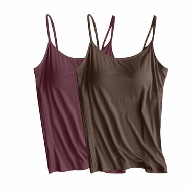 fheaev 2Pc Camisole Tank Top for Women with Built In Bra Padded Spaghetti Strap Sleeveless Camisole with Chest Pad No Steel Rings Bottom Underwear Yoga Sports Tops Layering Tanks Undershirt