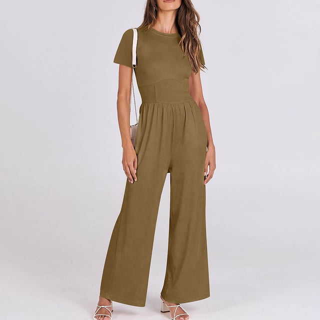 Combinaisons pour Femmes, Combinaison Décontractée pour Femmes à Col Rond, Manches Courtes, Taille Moyenne, Jambes Larges