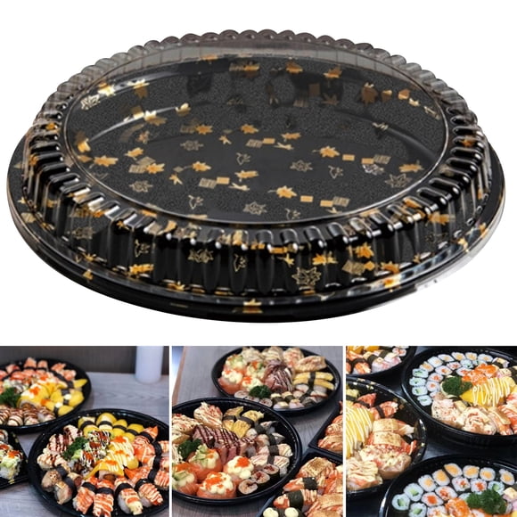 Visland 10 Pcs Round Sandwich Platter Trays with Lids Clear Pattern Printed Food-grade Durable Elegant Catering Trays Sushi Box