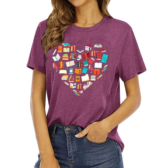 JIRNDf T Shirts For Women Tops Trendy Summer Book Reading Teacher Book Lovers Rainbow Casual Short Sleeve Cute Graphic Tees For Women Shirts Purple M