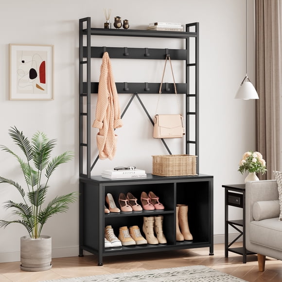 5-in-1 Hall Tree Coat Rack with Bench, Shoe Storage, Drawers & Top Shelf – 17 Hooks, Cubbies, Freestanding Entryway Organizer for Mudroom, Hallway, or Bedroom, Black Color