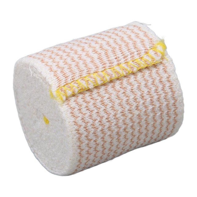 Cohesive Bandage, Elastic Bandage Wrap Breathable For Sprains shown in a rolled form. Made of polyurethane and high elastic polyester, featuring a white and yellow design with a textured surface. Suitable for first aid, sports protection, sprains, and swelling on various body parts, providing secure self-adhesive support and promoting recovery.