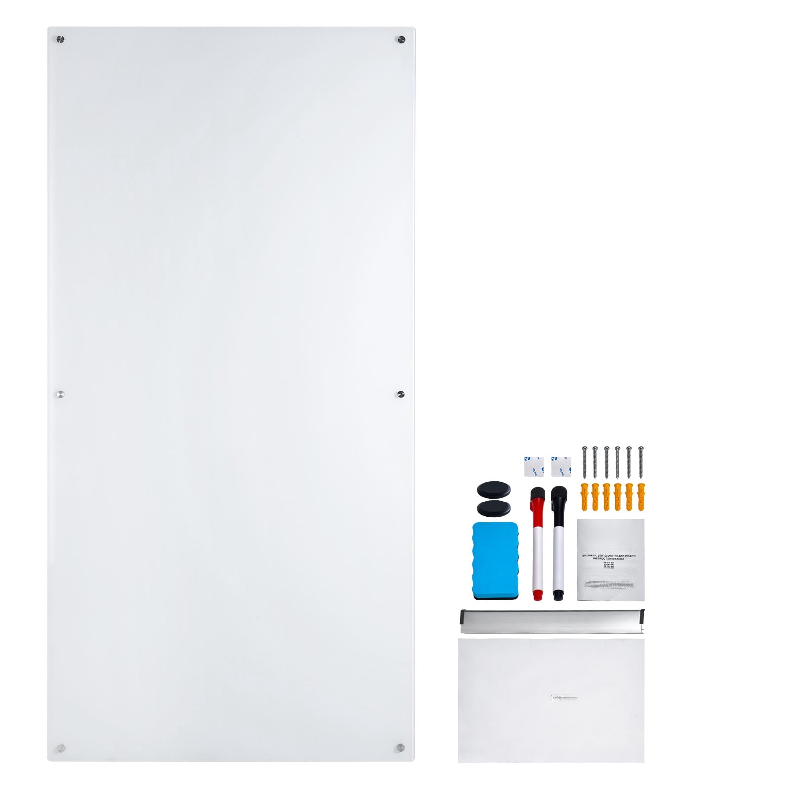 KFFKFF Glass Whiteboard with Magnetic Properties, 72"x36" Dry Erase Surface, Large Frameless Wall-Mounted Glassboard, Comes with a Tray for Markers, Includes an Eraser and a Pair of Markers, White